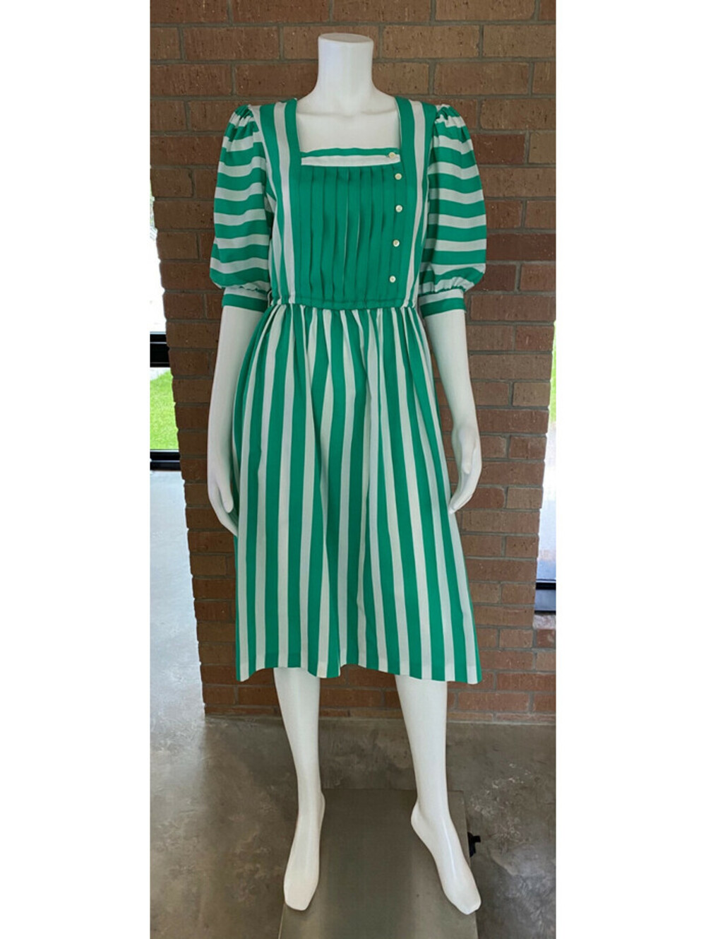 Womens VINTAGE ACT I DAY DRESS SECRETARY DRESS Striped POUF PUFF SLEEVES